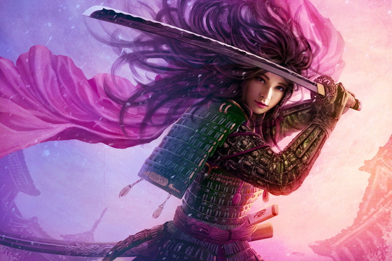 mario wibisono, long hair, girl, art, hairstyle, three quarter length, motion, the wind, looking at camera, adult, females, beautiful woman, katana, sword