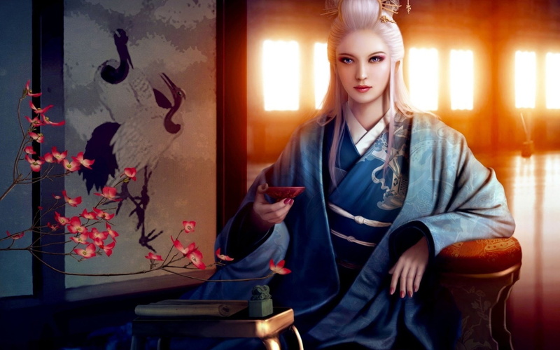 flower, girl, Asia, Wibisono, 1080P, art, kimono, Bowl, Mario