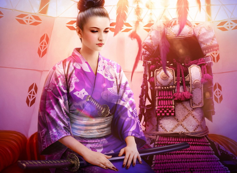 mario wibisono, 1080P, art, girl, katana, legend of the five rings, sword, kimono, armor, debt chikako