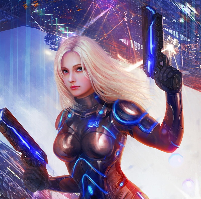 beauty, mario wibisono, beautiful people, girl, blond hair, young adult, frumusete, illuminated, robot, Fantasy girl, portrait, blonde, women, night, waist up