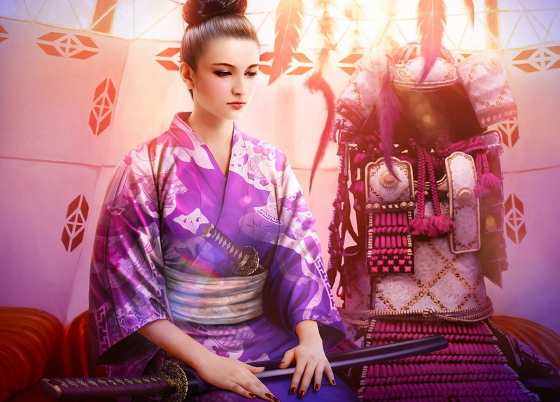 make-up, women, Kimono, front view, Sword, fashion, young adult, clothing, adult, one person, beautiful woman, Samurai, traditional clothing, dress, beauty