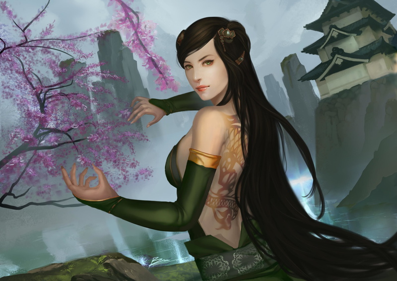 back, hands, art, dragon clan, legend of five rings, rocks, mountains, girl, Sakura, 2K, temple, tattoo