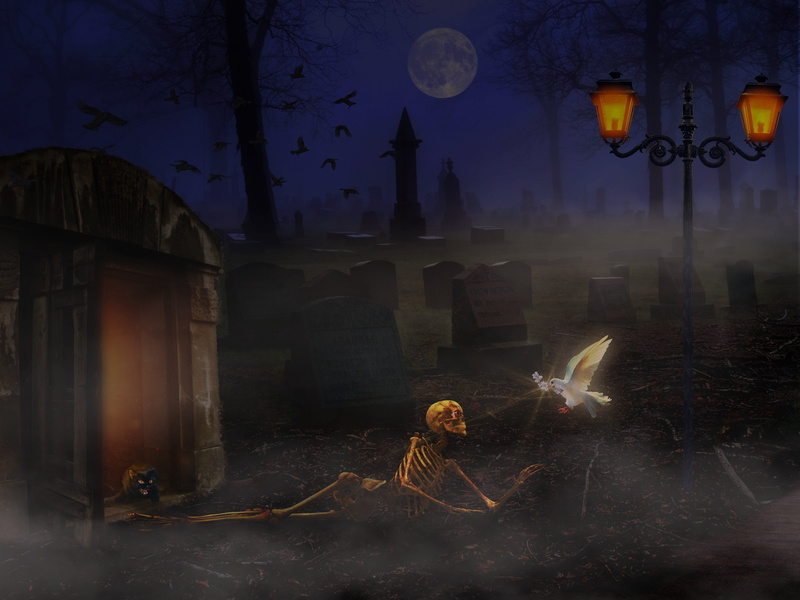 creepy, digital composite, city, halloween, night, weird, architecture, death, built structure, skull and crossbones, celebration, nature, art and craft