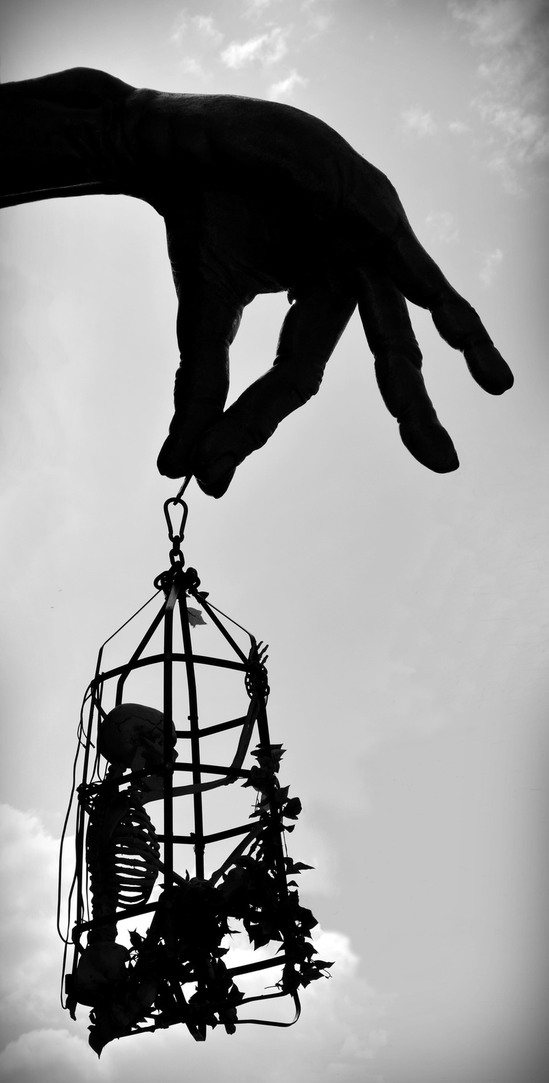 lifestyles, real people, illustration, amusement park, skeleton, holding, black white, dead, day, silhouette, one person, men, crime, hand, sky, horror