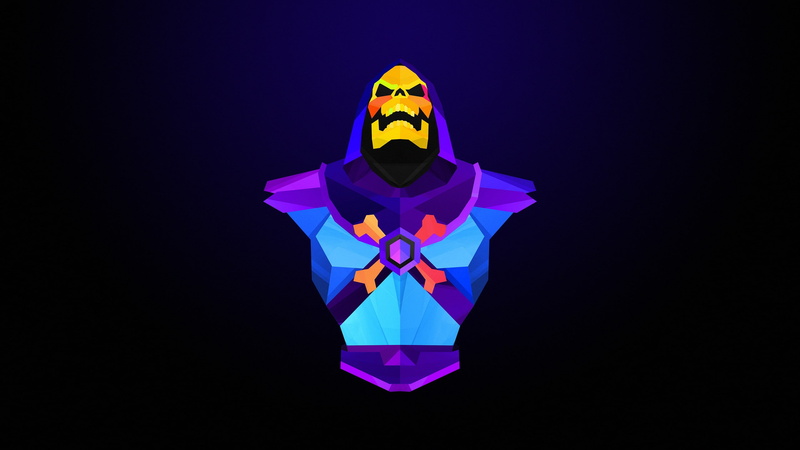 black background, indoors, 2K, purple, motion, multi colored, studio shot, front view, illuminated, Justin Maller, single object, representation, Skeletor