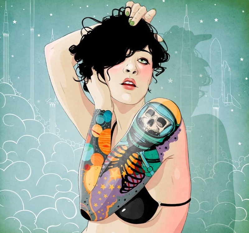 one person, young women, young adult, 480P, listening, indoors, portrait, music, hairstyle, studio shot, looking at camera, skulls stars solar system planets vector fashion rockets illustrations skeletor digital art rocket portraits tattoos women