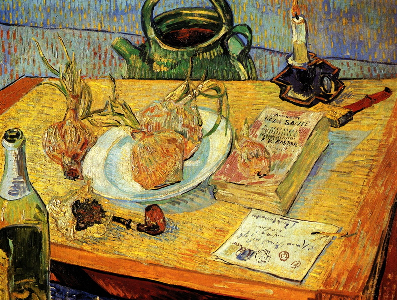 tube, bow, kettle, letter, Vincent van Gogh, 2K, book, Onions and Sealing-Wax, Pipe, Still Life Drawing Board, candle, Shampanskoe, table, matches
