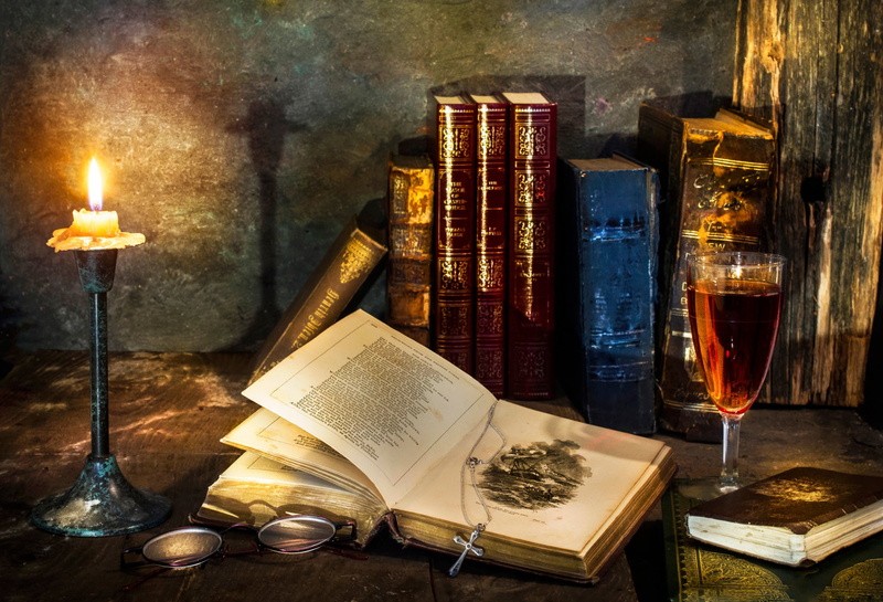 table, antique, illuminated, hardcover book, lighting equipment, wine, glass, literature, candle, white, 1080P, alcohol, food and drink, no people, refreshment
