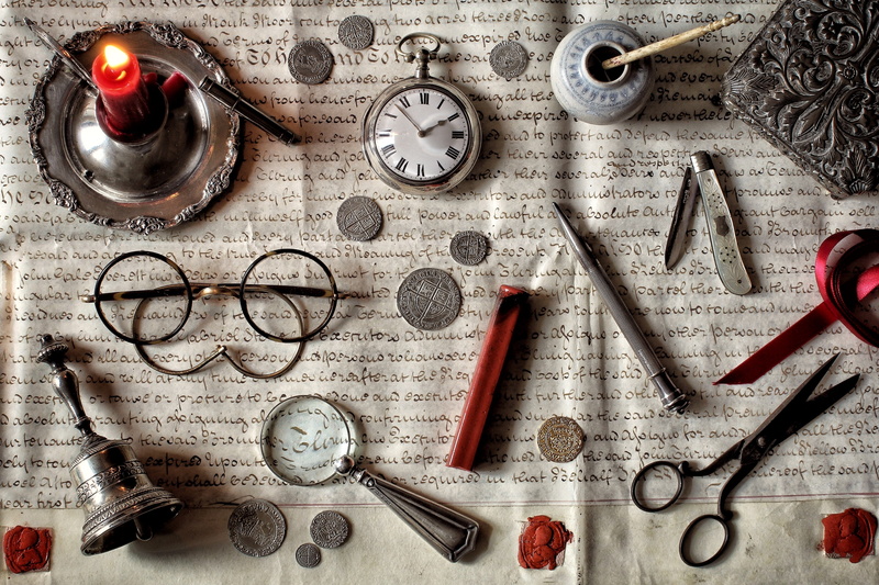 still life, 2K, magnifier, bell, glasses, coins, scissors, letter, knife, candle, watch