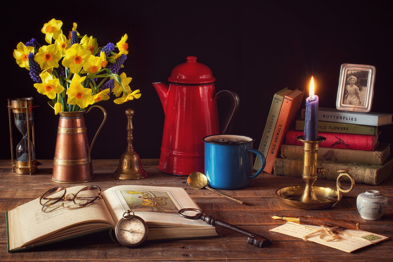 compass, mug, coffee pot, still life, 5K, books, hourglass, glasses, photo, coffee, bouquet, flowers, candle, candle holder, daffodils, Muscari, style