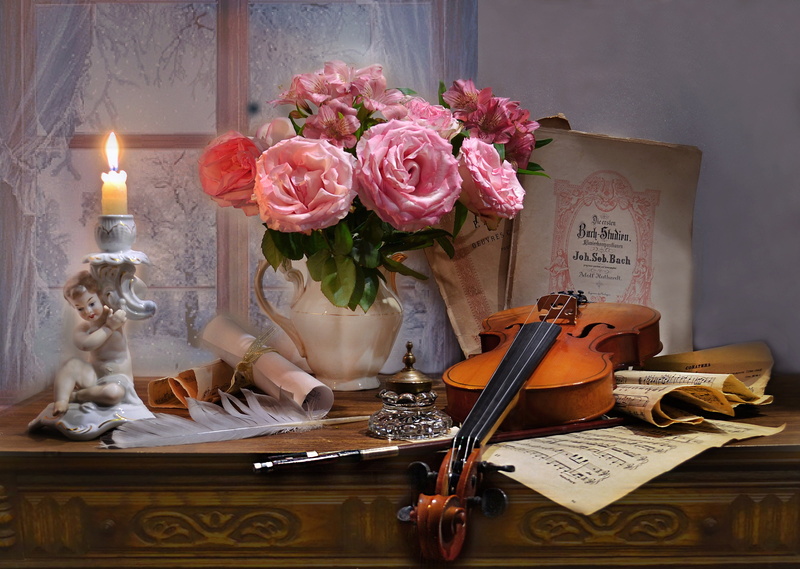 still life, candle, notes, flowers, 2K, style, violin, candle holder, window, pen, Alstroemeria, bouquet, Valentina Fencing, roses, ink