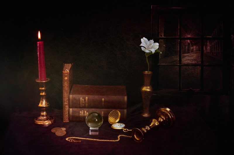 candle, watch, flower, 4K, books, still life, coins
