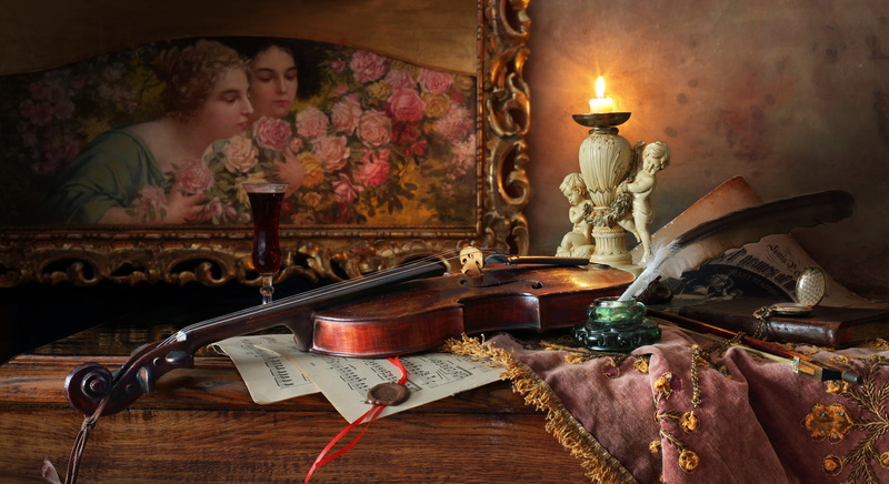 notes, ink, style, pen, candle holder, still life, picture, violin, 1080P, candle