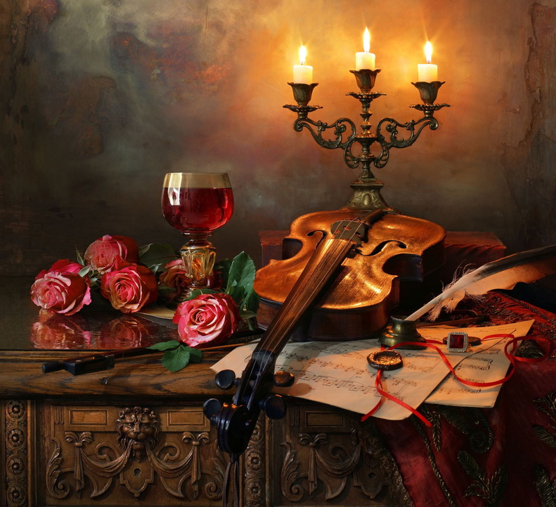 roses, glass, candles, still life, flowers, violin, candle holder, style, Andrey Morozov, notes, 1080P, pen