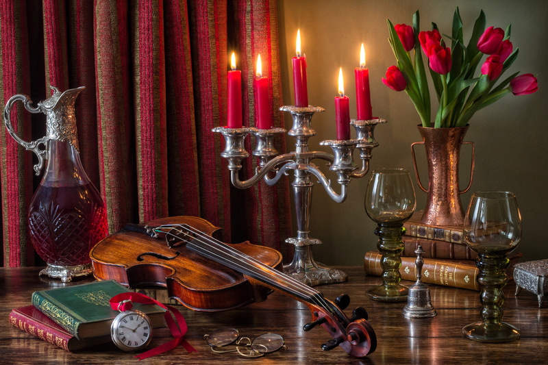 books, candle holder, flowers, violin, glasses, watch, candles, chandelier, decanter, tulips, 5K, still life, style, wine