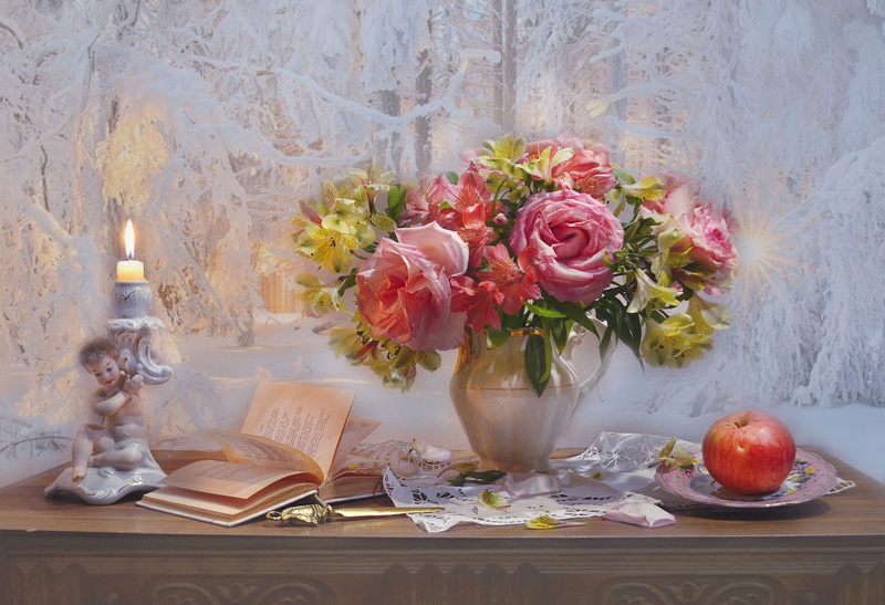 flowers, style, candle holder, still life, 2K, bouquet, Apple, Alstroemeria, roses, book, Valentina Fencing