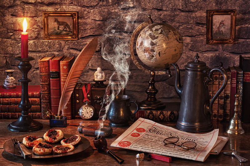 globe, style, ink, glasses, pen, books, Smoking pipe, candle, still life, pictures, watch, coffee pot, newspaper, 5K, candle holder