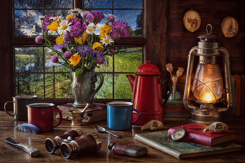 mugs, compass, lantern, style, bouquet, flowers, window, 5K, still life, books, binoculars, coffee pot