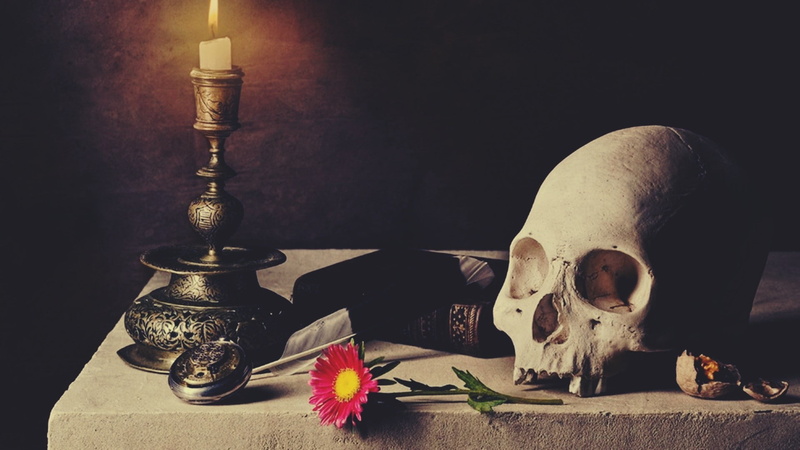 table, skull, flowers, 1080P, books, candles