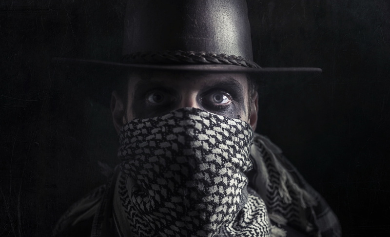 looking at camera, bandanas, evil, portrait, spooky, hood - clothing, human face, eye, horror, mask, men, fear, headshot, front view, 2K, one person, dark