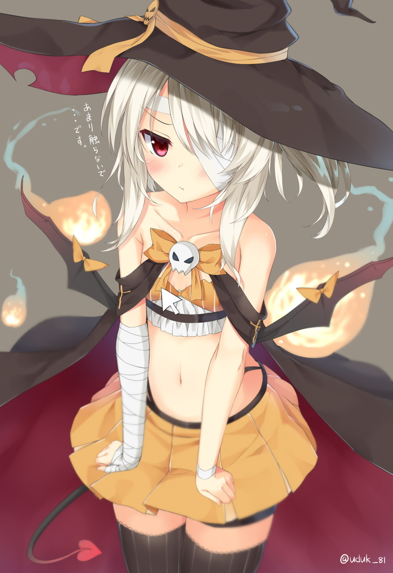 hat, 1080P, witch, bandanas, loli, blonde, wings, bandage, thigh-highs, tail, Ayanami (Azur Lane), Halloween, witch hat, Bilan Hangxian