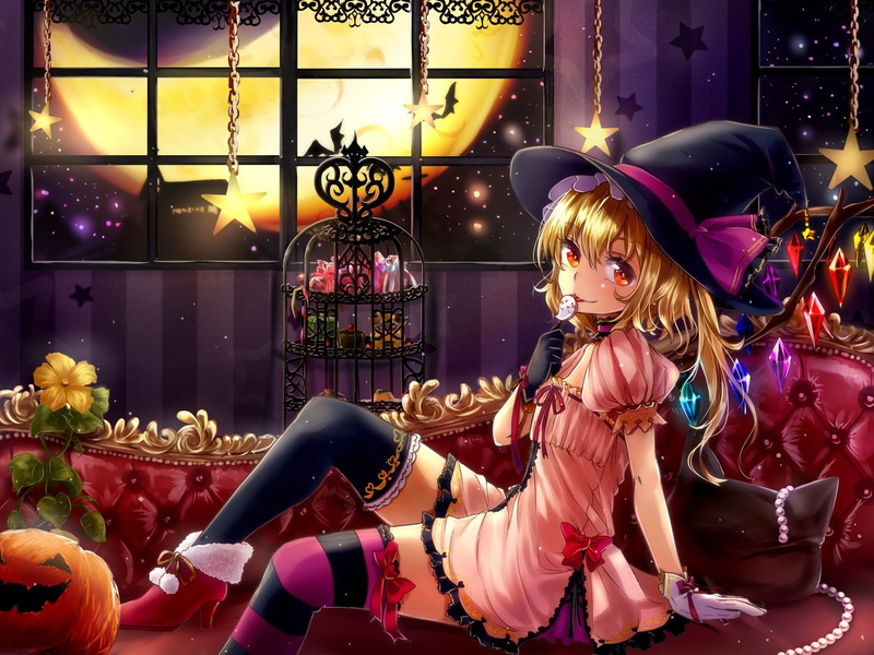 720P, stars, hat, night, gloves, dress, leaves, halloween, pumpkin, flowers, ponytail, animal, hair, bat, lollipop, cage, bow, short, ribbons, wings, touhou