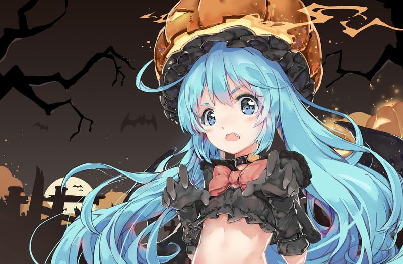 long, night, vocaloid, headdress, 2K, moon, bat, luo, hatsune, xiaofei, animal, aqua, bow, miku, choker, halloween, gloves, pumpkin, elbow, hat, eyes