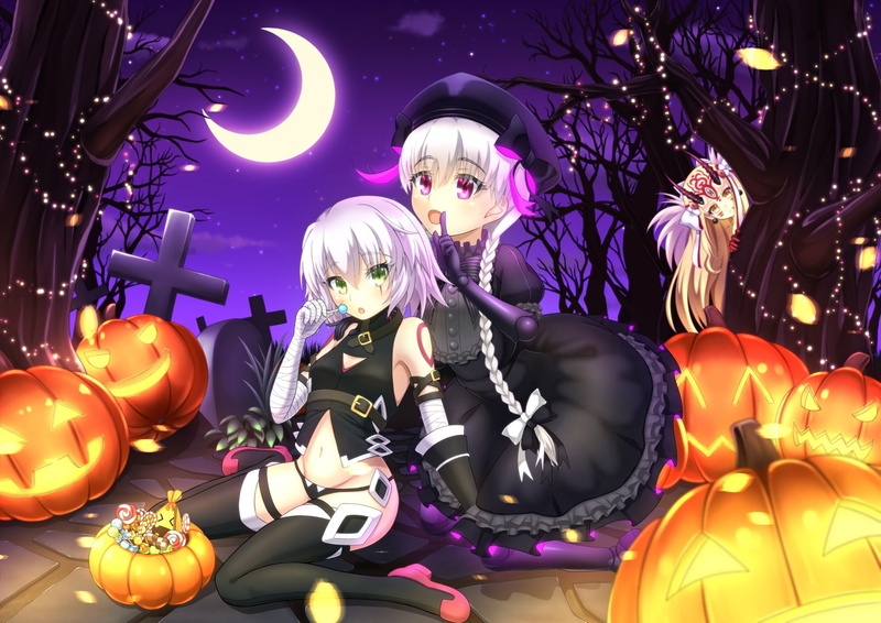 bow, moon, tree, eyes, halloween, tattoo, hat, 720P, candy, night, pumpkin, konachan, hair, pink, ponytail, food, 256945, gloves, goth-loli, extra, sky