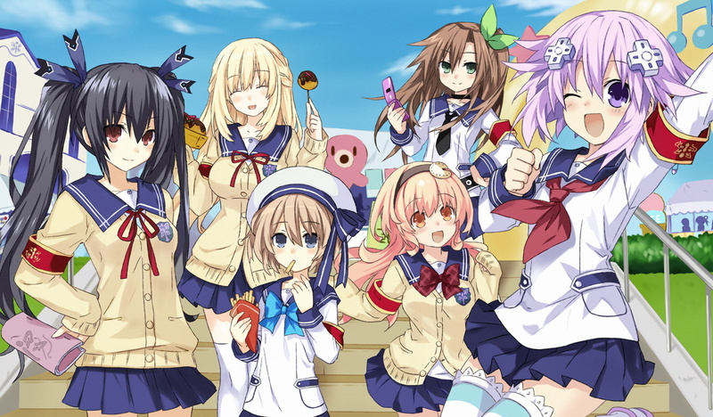 seifuku, tie, bow, music, noire, dango, group, compa, vert, blanc, phone, tsunako, nepgear, hat, 720P, wink, stars, sky, collar, clouds, paper, skirt
