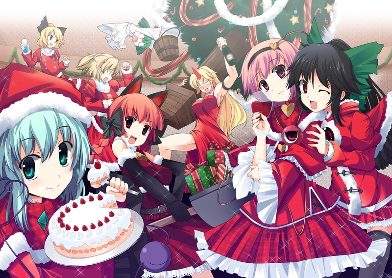 long, ribbons, aqua, eyes, tree, kisume, food, blush, bow, pink, dress, hair, hat, 720P, touhou, red, horns, wings, fujy, stars, gloves, christmas