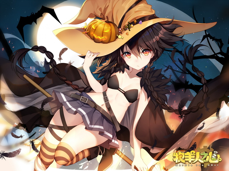 konachan, food, candy, sky, stars, witch, tree, animal, skirt, com, braids, bat, kneehighs, night, boots, hat, feathers, halloween, 1080P, pumpkin, 253371