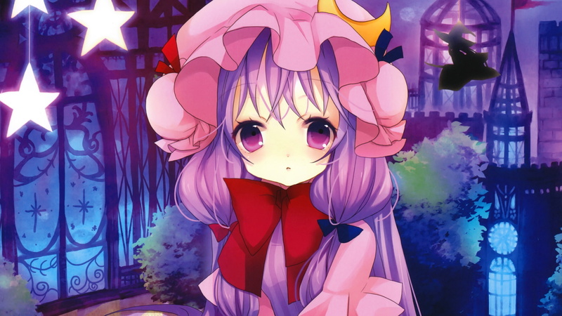 mansion, buildings, girls, trees, eyes, games, 2K, stars, moon, hair, witches, blush, anime, hats, bun, clothing, knowledge, faces, long, ornaments, bows