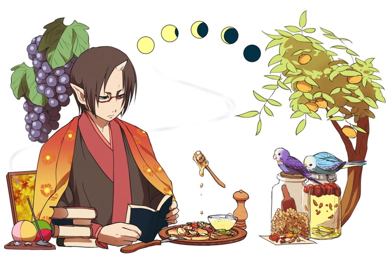 fruit, tree, demon, animal, honey, twinmix, book, male, drink, bird, leaves, ball, glasses, horns, black, short, food, pointed, moon, 720P, ears, hair