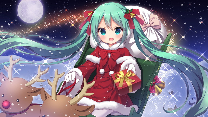 eyes, waifu2x, aqua, night, blush, animal, bow, com, reindeer, sky, bell, hair, 1080P, loli, moon, dress, stars, snow, christmas, twintails, 257026, vocaloid