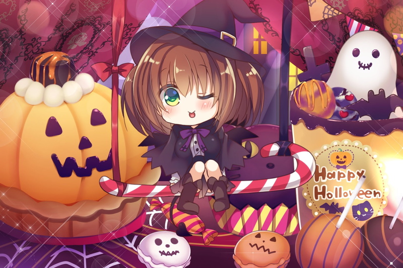 eyes, book, cape, blush, halloween, wink, tail, cake, konachan, candy, brown, 253317, original, green, bow, food, ribbons, hair, chibi, com, pumpkin, boots