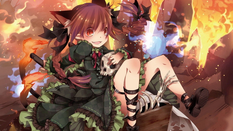 games, dress, wheelbarrow, rin, mouth, cloth, fangs, bones, tails, red, girls, ornaments, fire, ears, anime, slit, blush, twintails, video, brunettes, skulls