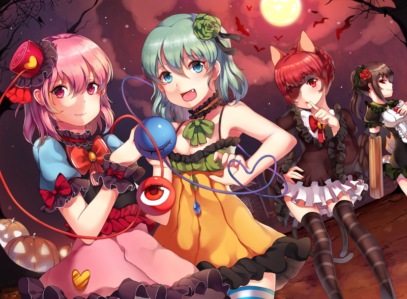 fang, catgirl, papo, ponytail, hair, stockings, choker, braids, night, moon, weapon, 1080P, flowers, pumpkin, four, eyes, dress, tail, skirt, tree, bow