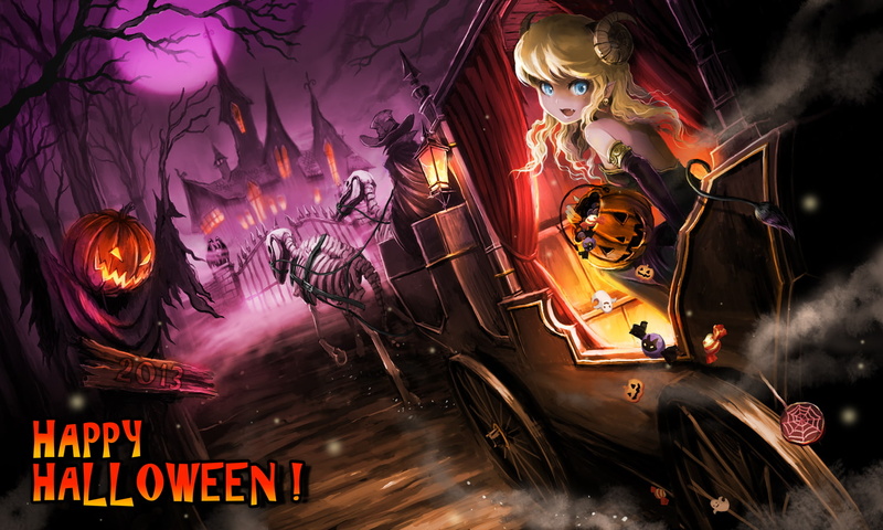 hair, moon, illegal, horns, pumpkin, tree, blonde, dress, hat, bones, fang, ume, blue, eyes, original, tail, halloween, cape, 720P, bible