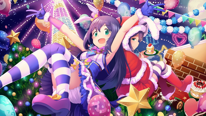 257222, long, cake, thighhighs, christmas, gloves, boots, blue, com, eyes, idolmaster, stars, bow, konachan, food, green, 720P, santa, tree, hat, bloomers