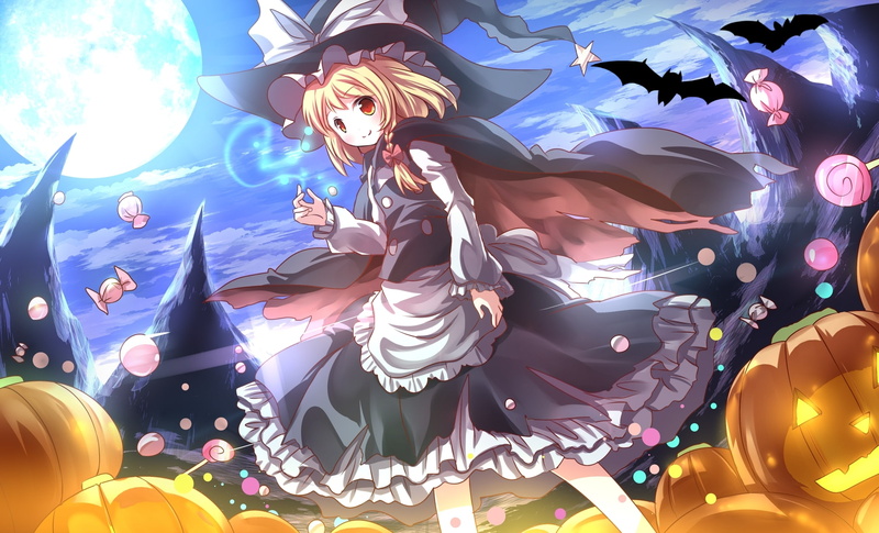 pumpkin, 1080P, risutaru, hat, cape, moon, dress, halloween, clouds, braids, eyes, marisa, kirisame, animal, candy, witch, hair, orange, night, ribbons