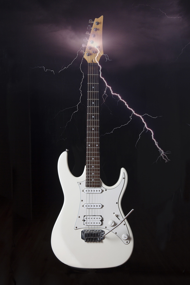 front view, wall - building feature, rocker, equipment, jazz, studio shot, lighting, night, rock Music, musical Instrument, no people, 5K, string Instrument