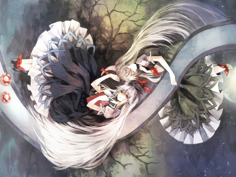 scans, flowers, full, persona, white, kamishirasawa, horns, video, bows, hair, multiple, 1080P, dress, blue, night, skyscapes, closed, books, hats, stars