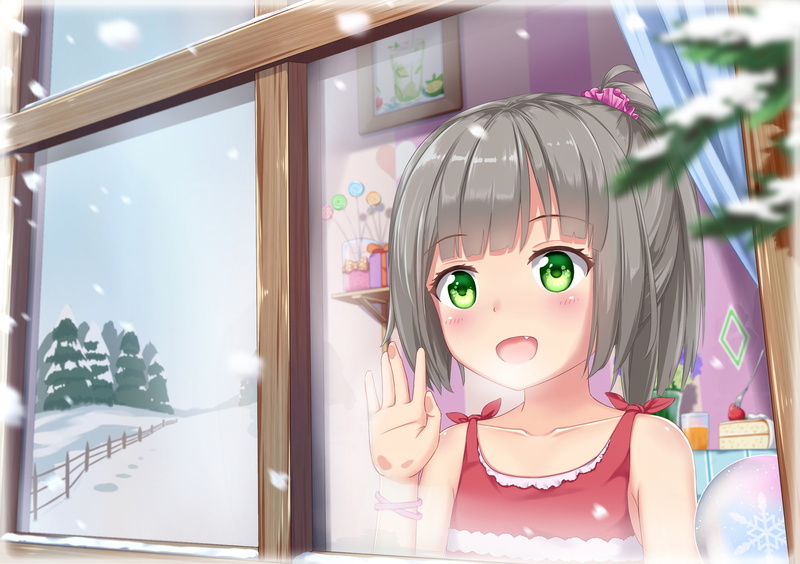 cake, original, gray, ponytail, hair, food, eyes, konachan, abwan, snow, tree, com, blush, loli, 1080P, drink, fang, green, 237106, short