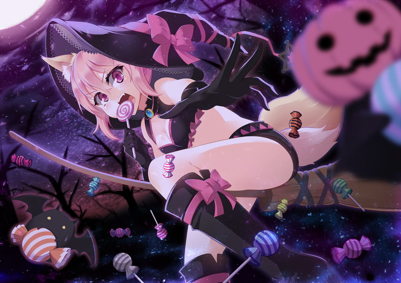hat, original, paparins, candy, cleavage, pink, pumpkin, halloween, tail, elbow, gloves, ears, lollipop, animal, bow, 1080P, eyes, hair, boots, witch