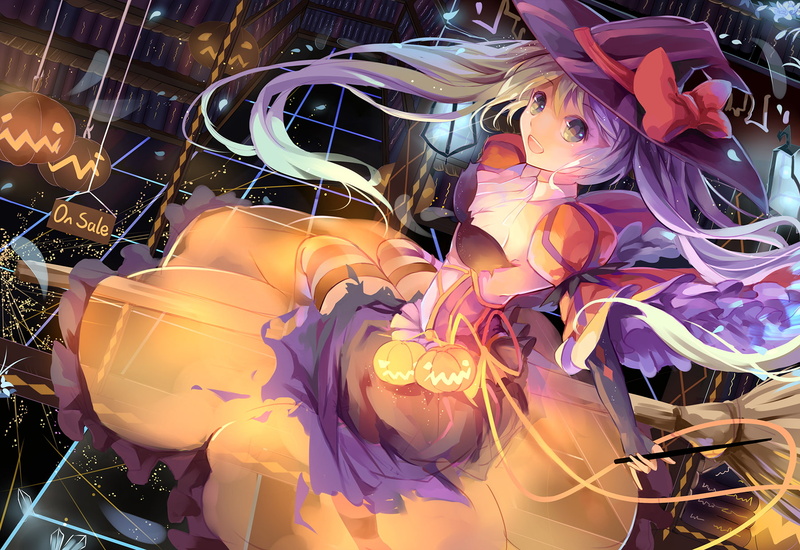 Vocaloid, Aqua Eyes, Smile, Thigh Highs, Anime, Pumpkin, Wand, Halloween, Blush, Twintails, Hat, Aqua Hair, Long Hair, Dress, bow (Clothing), 720P, Hatsune