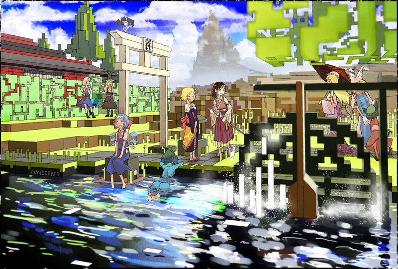 umbrella, blue, wings, rumia, 1080P, touhou, hat, twintails, cirno, eyes, chen, creeper, fang, sky, food, red, tree, hair, skirt, grass, water, clouds