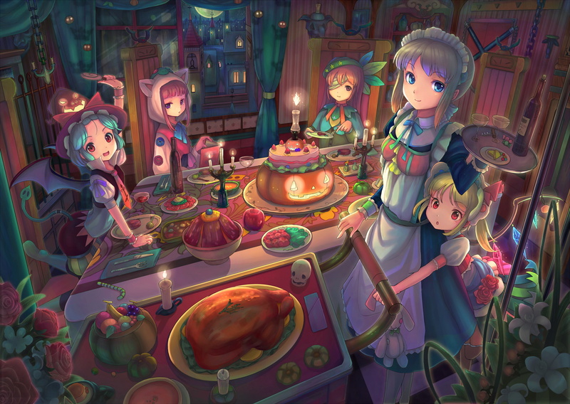ribbons, rose, fruit, gray, drink, maid, hat, night, book, red, wings, touhou, tail, 1080P, vampire, cake, moon, flowers, dress, food, blue, eyes, bow