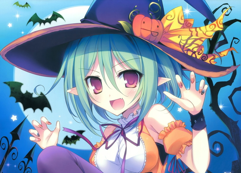 Red Eyes, Green Hair, Hat, Short Hair, Bat, Smile, bow (Clothing), Anime, Original, Blush, 1080P, Pointed Ears, Pumpkin