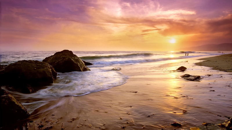 beach, sand, ocean, orange, yellow, sunset, purple, zuma, 1080P, waves, nature, clou, rocks, california, water