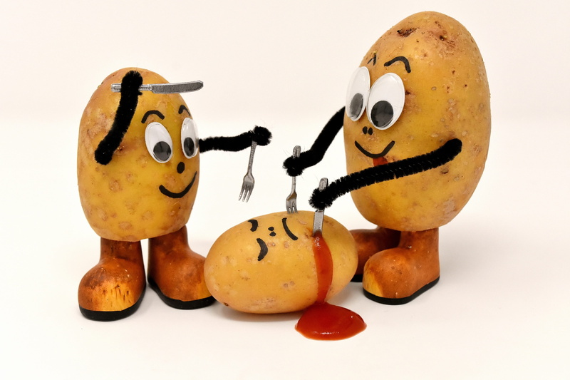 ketchup, 4K, close-up, creativity, indoors, cute, fun, cannibals, halloween, studio shot, eat, blood, humor, potatoes, white background, no people, human representation